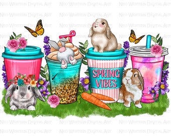 Rabbit coffee cups png sublimation design, floral coffee cups png design, cute rabbit png, coffee love png, sublimate designs download