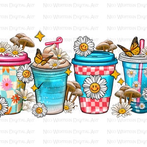 Daisy coffee cups png sublimation design, coffee cups png design, hand drawn daisies png, coffee love png, sublimate designs download