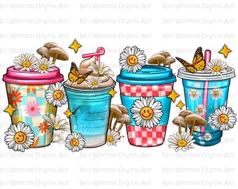 Daisy coffee cups png sublimation design, coffee cups png design, hand drawn daisies png, coffee love png, sublimate designs download