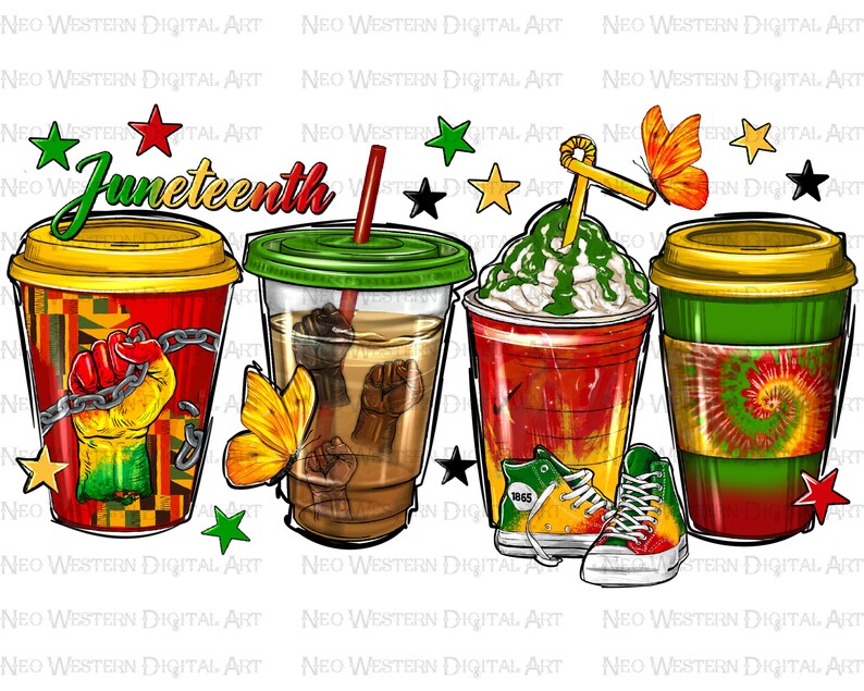 Juneteenth coffee drinks png sublimation design, Afro coffee cup png, Juneteenth 1865 png, black power png, sublimate designs download image 1