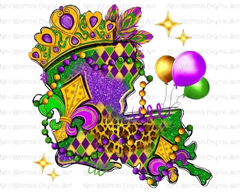 Louisiana Map Mardi Gras png sublimation design download, Mardi Gras png, Louisiana Map png, sublimate designs download