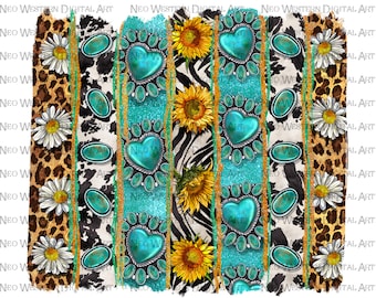 Western turquoise gemstone leopard with daisy's and sunflowers brushstrokes png, western brushstrokes png, sublimate designs download