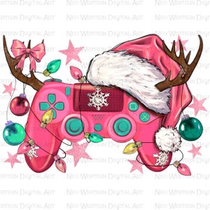 May include: A pink video game controller with a Santa hat and reindeer antlers. The controller is decorated with Christmas lights, baubles, and snowflakes.