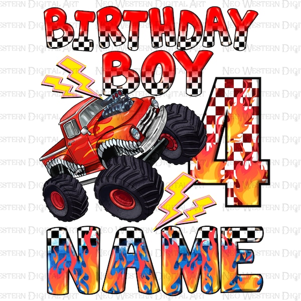 Personalized birthday boy (name and age) png, monster truck png, birthday png,birthday party png,boy birthday png,sublimate designs download