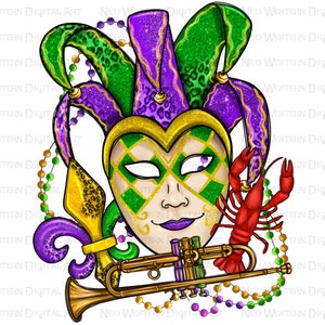 May include: A Mardi Gras themed illustration featuring a jester mask with green and gold glitter, a trumpet, a fleur-de-lis, a red crawfish, and purple, green, and gold beads.