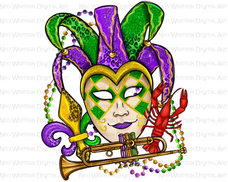 May include: A Mardi Gras themed illustration featuring a jester mask with green and gold glitter, a trumpet, a fleur-de-lis, a red crawfish, and purple, green, and gold beads.