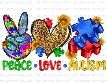 Peace love Autism png sublimation design download, Autism awareness png, Autism life png, Autism puzzle png, sublimate designs download