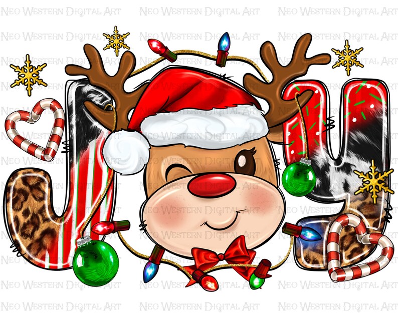 Pu&ograve; includere: Un design grafico a tema natalizio con la parola "GIOIA" e una renna che indossa un cappello da Babbo Natale al centro. Le lettere sono decorate con strisce rosse e bianche, stampa leopardata e fiocchi di neve. La renna ha il naso rosso e sta strizzando l'occhio.