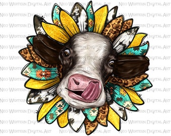 Cow sunflower western png sublimation design download, farm animals png, western sunflower png, sublimate designs download