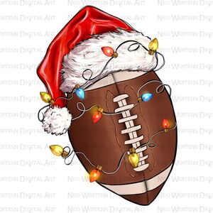 May include: A brown and white football with a red and white Santa hat on top. The football is decorated with colorful Christmas lights.