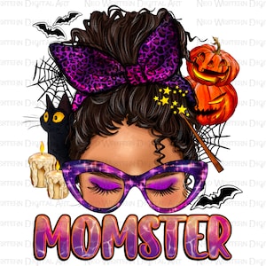 May include: A digital illustration of a woman with brown hair in a bun, wearing purple glasses and a purple and leopard print bow. The woman has a black cat, candles, and pumpkins around her. The text "MOMSTER" is written in purple and pink letters.