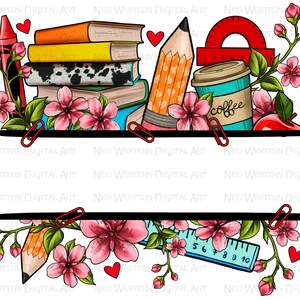 May include: A digital art design featuring a stack of books, a pencil, a ruler, a coffee cup, a red apple, and pink cherry blossoms. The design is perfect for a teacher or student.
