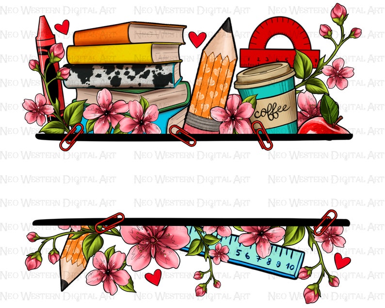 May include: A digital art design featuring a stack of books, a pencil, a ruler, a coffee cup, a red apple, and pink cherry blossoms. The design is perfect for a teacher or student.