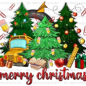 Merry Christmas School bus Christmas trees png sublimation design download, Christmas trees png, School bus png, sublimate designs download