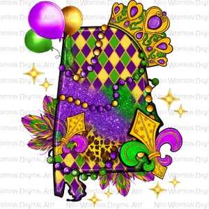 Alabama kaart Mardi Gras png sublimatie ontwerp download, Happy Mardi Gras png, fleur de lis png, sublimatie ontwerpen downloaden