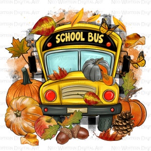 Op de afbeelding: Een gele schoolbus met de tekst "SCHOOL BUS" op de voorkant. De bus is omringd door herfstbladeren, pompoenen, eikels en vlinders.