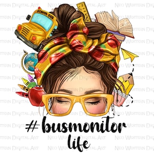 May include: A digital illustration of a woman with a brown bun in her hair. The bun is decorated with a yellow and red scarf with apples on it. The woman is wearing yellow glasses and has her eyes closed. The background is white and there are various school supplies around her, including a school bus, a globe, crayons, a pencil, a book, and a paper airplane. The text "#busmonitor life" is written below the woman.