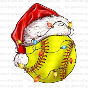May include: A yellow softball with red stitching is decorated with a white and red Santa hat and a string of colorful Christmas lights.
