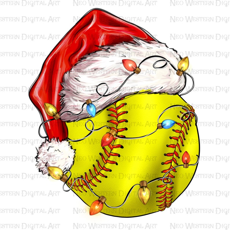 May include: A yellow softball with red stitching is decorated with a white and red Santa hat and a string of colorful Christmas lights.