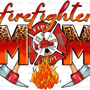 以下が含まれることがあります： 消防士ママのグラフィック。赤い消火栓、斧、炎が描かれています。MとOの文字はヒョウ柄で覆われています。