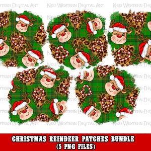 May include: Five digital Christmas reindeer patches with a green plaid and leopard print background. The reindeer are wearing Santa hats and have candy canes in their antlers.