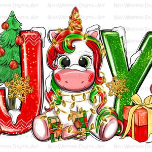 May include: A white unicorn with a red and green mane and tail is sitting in front of the letters "JOY". The letters are red, green, and white with a glittery texture. The unicorn is wearing a string of Christmas lights and holding a wrapped gift. There is a Christmas tree to the left of the "J" and a gift box to the right of the "Y".