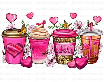 Mother's Day coffee cups png sublimation design download, coffee cups png design, pink coffee cups png, sublimate designs download