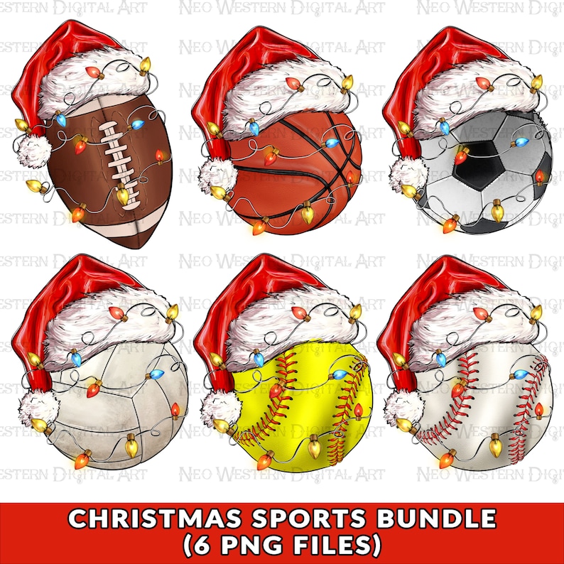 May include: Six digital illustrations of sports balls decorated with Christmas lights and a Santa hat. The balls include a football, basketball, soccer ball, volleyball, softball, and baseball.
