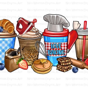 Bakery coffee cups png sublimation design download, coffee cups png design, love baking png, cooking png, sublimate designs download
