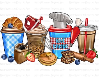 Bakery coffee cups png sublimation design download, coffee cups png design, love baking png, cooking png, sublimate designs download