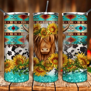 May include: Three stainless steel tumblers with a turquoise, white, and brown geometric pattern. Each tumbler features a Highland cow with a sunflower crown.
