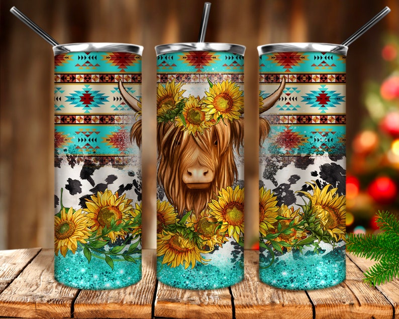 May include: Three stainless steel tumblers with a turquoise, white, and brown geometric pattern. Each tumbler features a Highland cow with a sunflower crown.