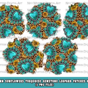 May include: Five digital graphic designs featuring a turquoise gemstone, sunflower, and leopard print pattern. The designs are in the shape of a heart and are perfect for crafting projects.