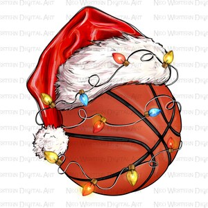 May include: A brown basketball with black lines and a white Santa hat on top. The basketball is decorated with colorful Christmas lights.