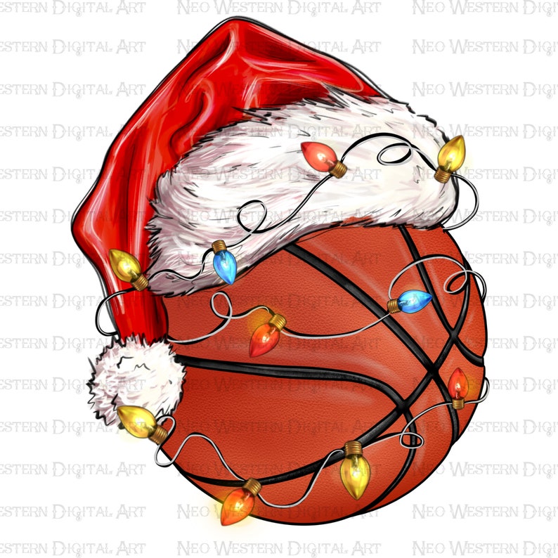 May include: A brown basketball with black lines and a white Santa hat on top. The basketball is decorated with colorful Christmas lights.