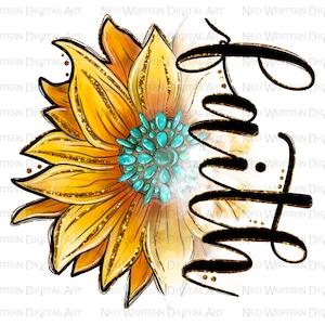 K&ouml;nnte beinhalten: Eine gelbe Sonnenblume mit goldenem Glitzer und t&uuml;rkisfarbenen Juwelen, mit dem Wort "Glaube" in schwarzer Kursivschrift.