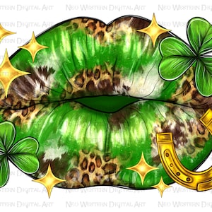 May include: Green and brown lips with a leopard print design, surrounded by shamrocks, gold stars, and a gold horseshoe.