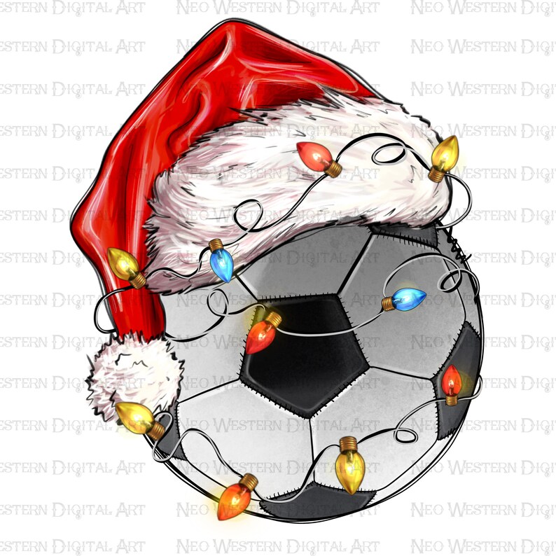 May include: A white soccer ball with black stitching is wearing a red Santa hat with white trim. The ball is decorated with a string of colorful Christmas lights.