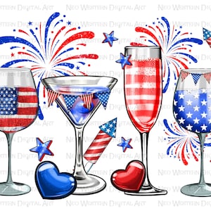 4. Juli Weingläser png Sublimation Design download, 4. Juli png, Unabhängigkeitstag png, USA Flagge png, sublimate Designs download