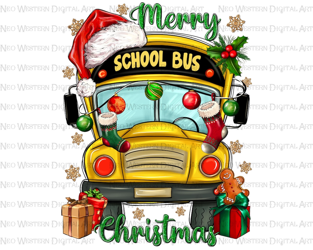 Merry Christmas School Bus and Gift Boxes Png Sublimation Design, Back to School Png, School Bus