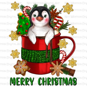 Merry Christmas hot chocolate coffee cup with cute penguin png sublimation design download, Christmas coffee png, sublimate designs download
