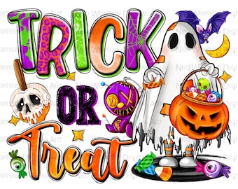 Trick or treat with ghost png sublimation design download, Happy Halloween png, spooky season png, Halloween vibes png, sublimate download