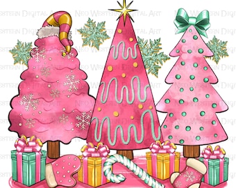 Pink Christmas trees png sublimation design download, Merry Christmas png, Happy New Year png, sublimate designs download