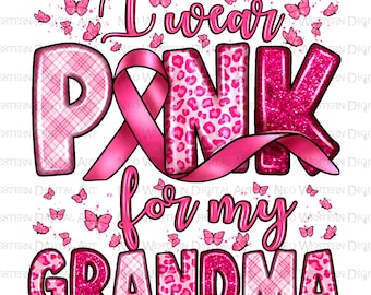 Pode incluir: Gráfico de glitter rosa com uma fita rosa e borboletas. O gráfico diz "Eu uso rosa para minha avó".