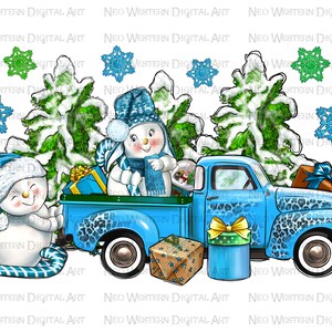 May include: A blue pickup truck with a white snowman and a blue snowman in the bed. The truck is decorated with a leopard print pattern. The snowmen are wearing blue hats and scarves. There are presents in the bed of the truck and a Christmas tree behind the truck.