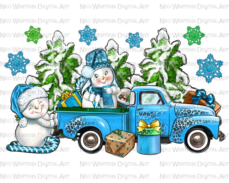 May include: A blue pickup truck with a white snowman and a blue snowman in the bed. The truck is decorated with a leopard print pattern. The snowmen are wearing blue hats and scarves. There are presents in the bed of the truck and a Christmas tree behind the truck.