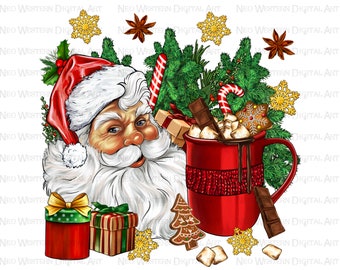 Kerst warme chocolademelk koffie kopje met Santa png sublimatie ontwerp te downloaden, Kerstmis png, warme chocolademelk png, Santa png, sublimate download