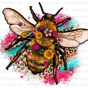 Bee leopard flower png sublimation design download, Bee png, cute Bee png, floral Bee png, western Bee png, sublimate designs download