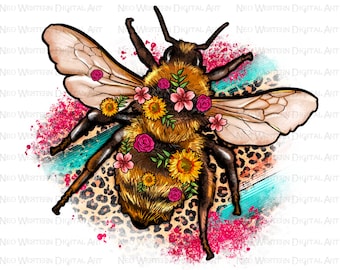 Bee Leopard Blume png sublimation design download, Bee png, niedliche Bee png, florale Bee png, western Bee png, sublimate designs download
