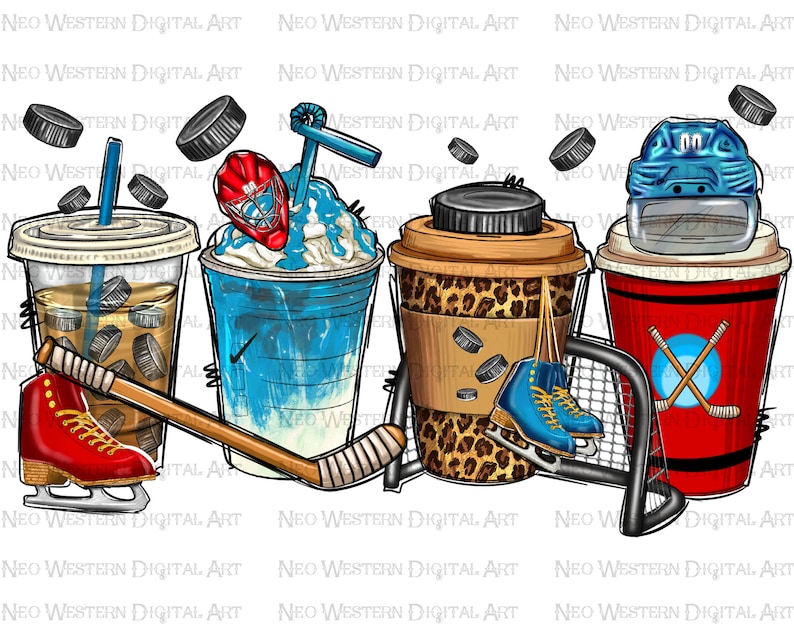 May include: Four different iced coffee drinks with hockey-themed decorations. The drinks are in clear, blue, brown, and red cups. The decorations include hockey sticks, a hockey puck, a hockey net, and a hockey helmet.